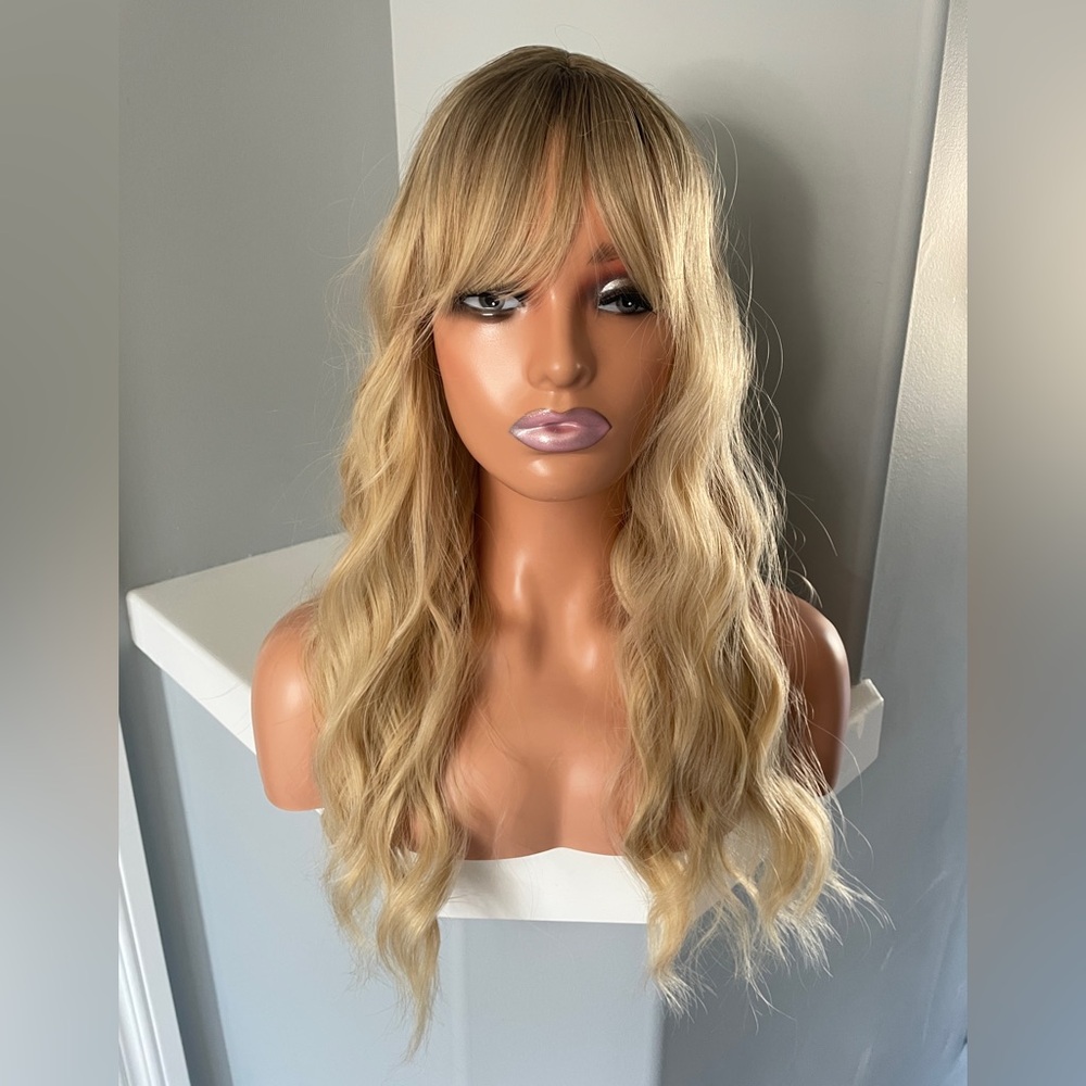 Blonde Long Wavy Wig with Bangs - Women's Hair